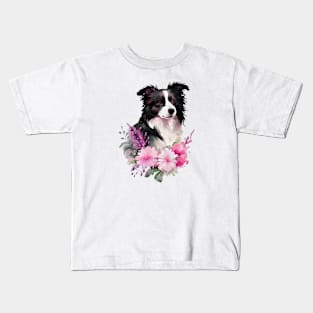 Border collie dog with flowers Kids T-Shirt